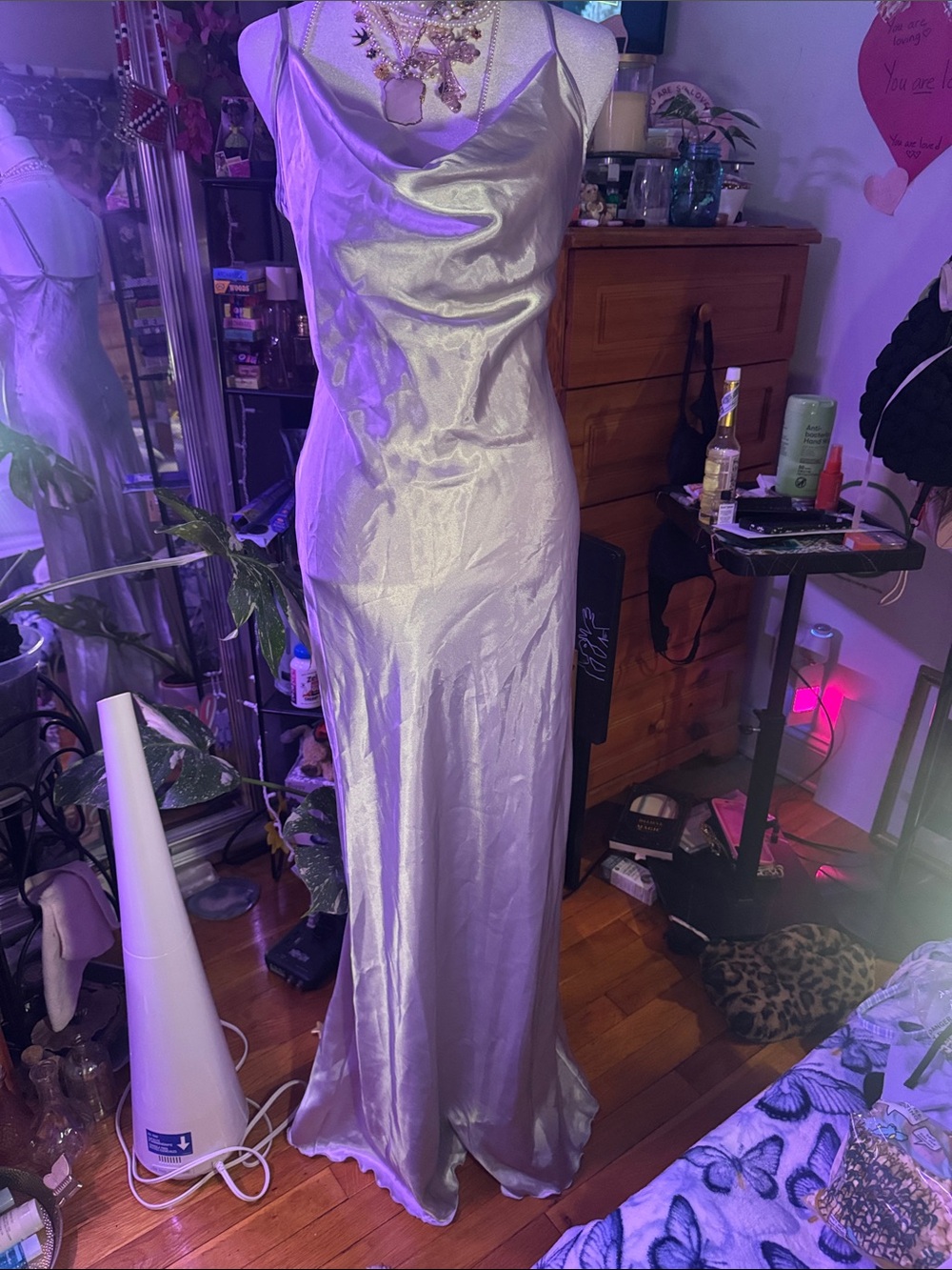 Bebe NWOT Small Satin Cowl Neck Slip Gown in Shimmery Silver